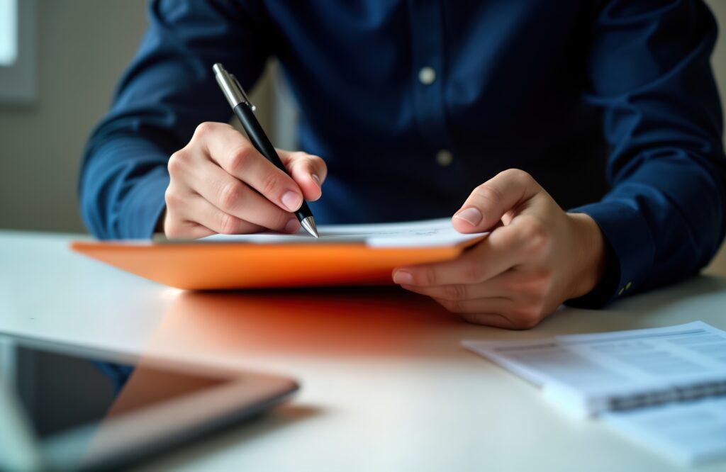 Businessman reviews documents on clipboard. Man works in office with papers. Checks checklist, works in office. Employee looks through job documents contract. Pro manager inspects files.