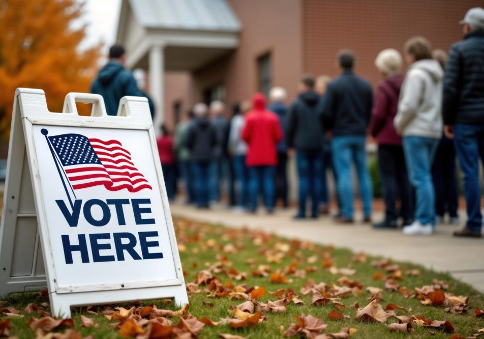 Many people stand in line waiting to vote at polling place. Sign with American flag indicates voting location. Public voting process in action. Citizens participate in democratic election. Location