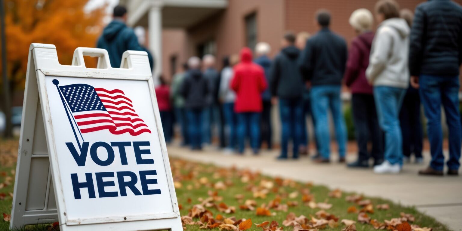 Many people stand in line waiting to vote at polling place. Sign with American flag indicates voting location. Public voting process in action. Citizens participate in, democratic election. Location
