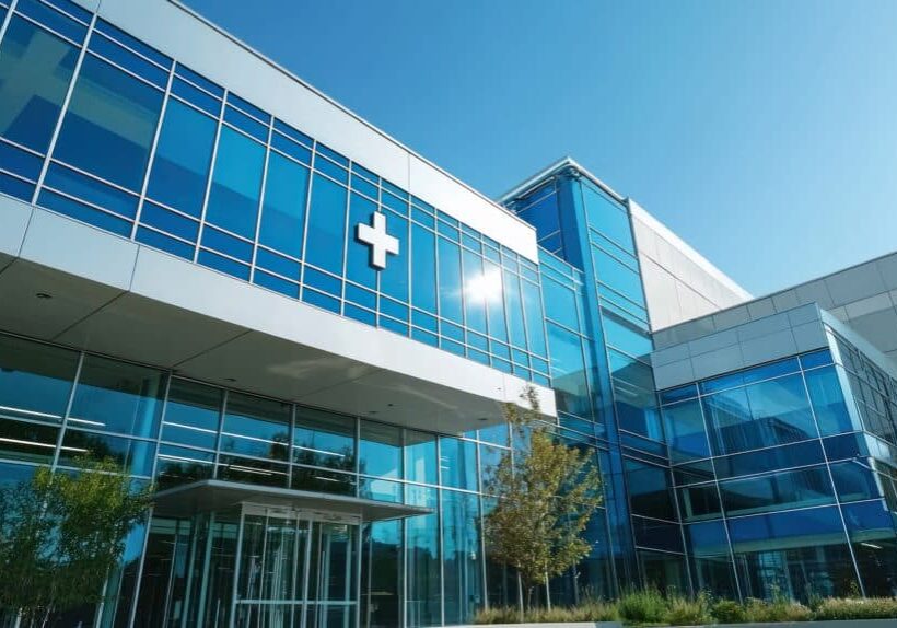 A modern hospital exterior with a bright blue sky and clean glass windows.