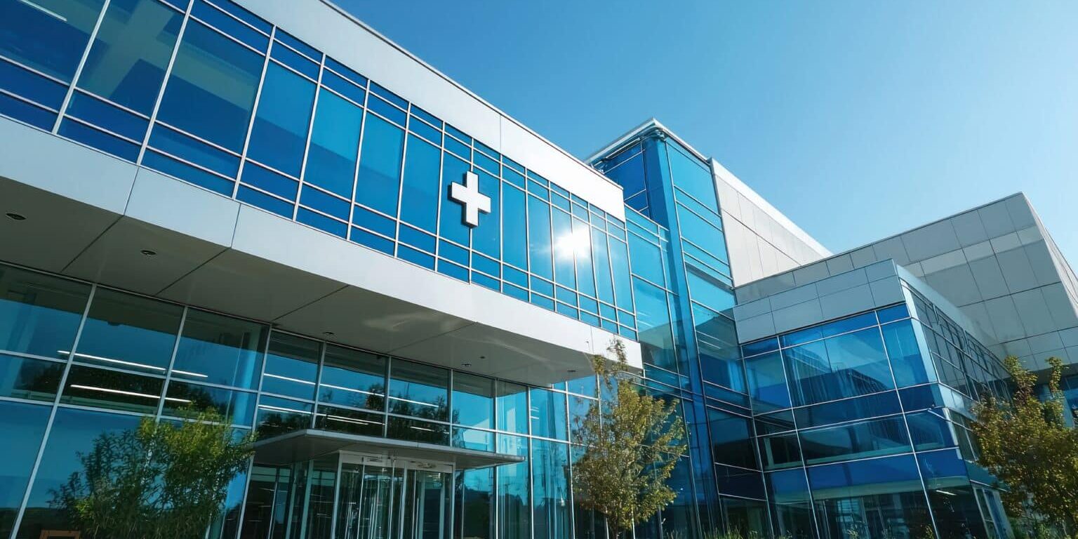 A modern hospital exterior with a bright blue sky and clean glass windows.