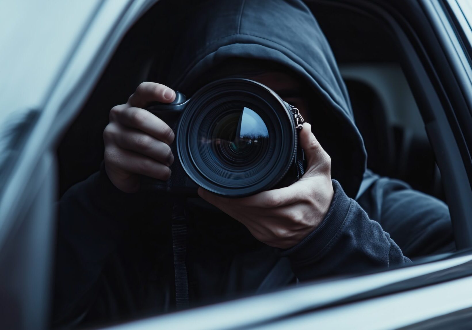 A man in a black sweatshirt with a hood sits in a car and holds a professional camera with a large lens in his hands. The picture conveys the atmosphere of secrecy, observation and surveillance.