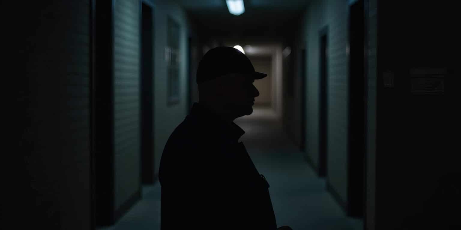 Nighttime Security Guard Patrolling Building Alley
