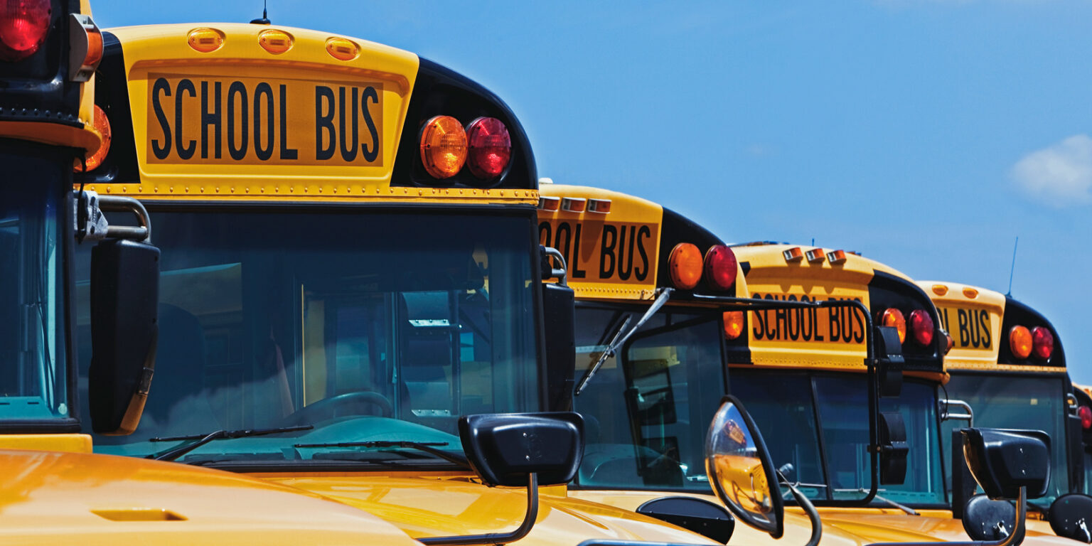 Yellow school buses parked diagonally
