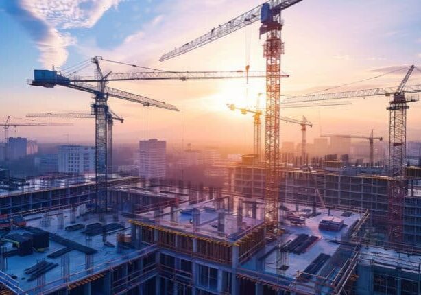 A construction site bustling with activity, cranes towering overhead, symbolizing progress and development