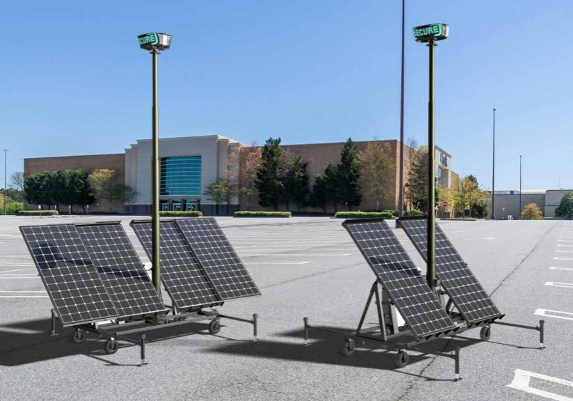 Two RIO solar powered AI robotic device towers stand post in an open parking lot