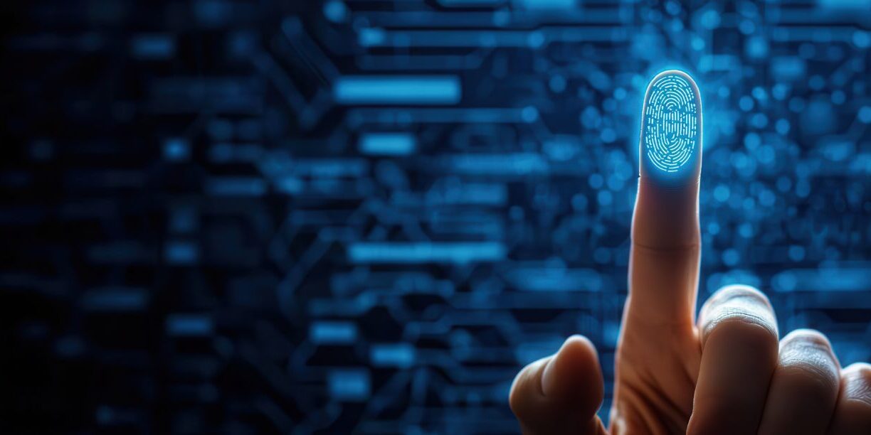Digital fingerprint scanning on finger, showcasing technology and security